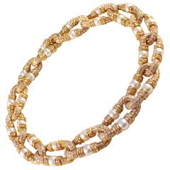 Pearl Diamond Gold Link Necklace