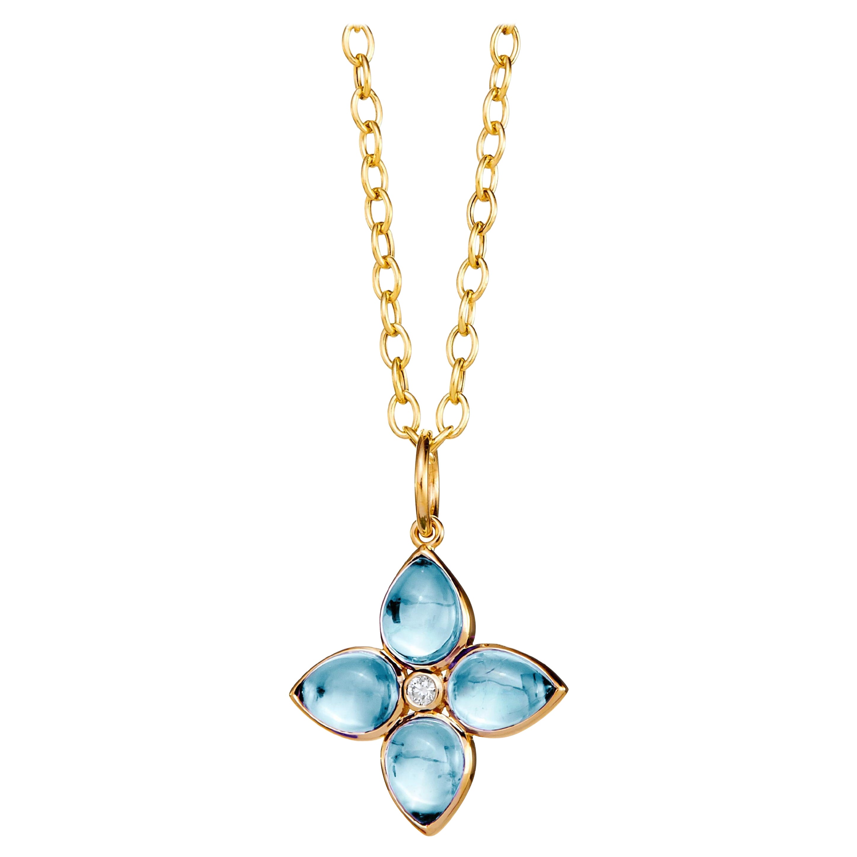Syna Yellow Gold Blue Topaz Flower Pendant with Diamond