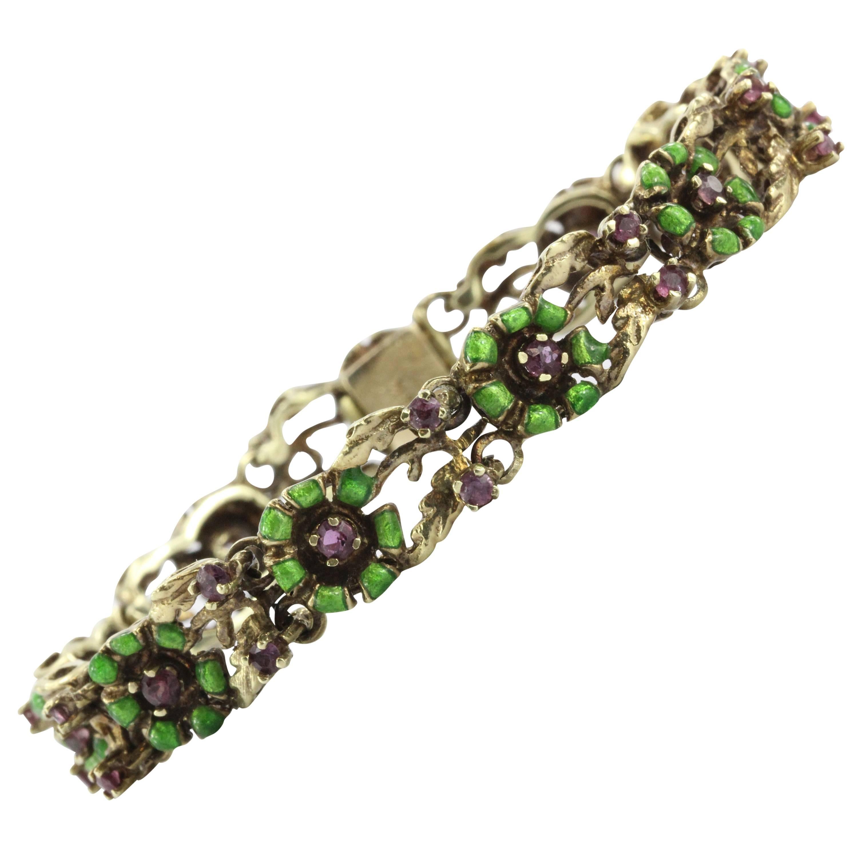 Art Nouveau Enamel Ruby Gold Floral Bracelet