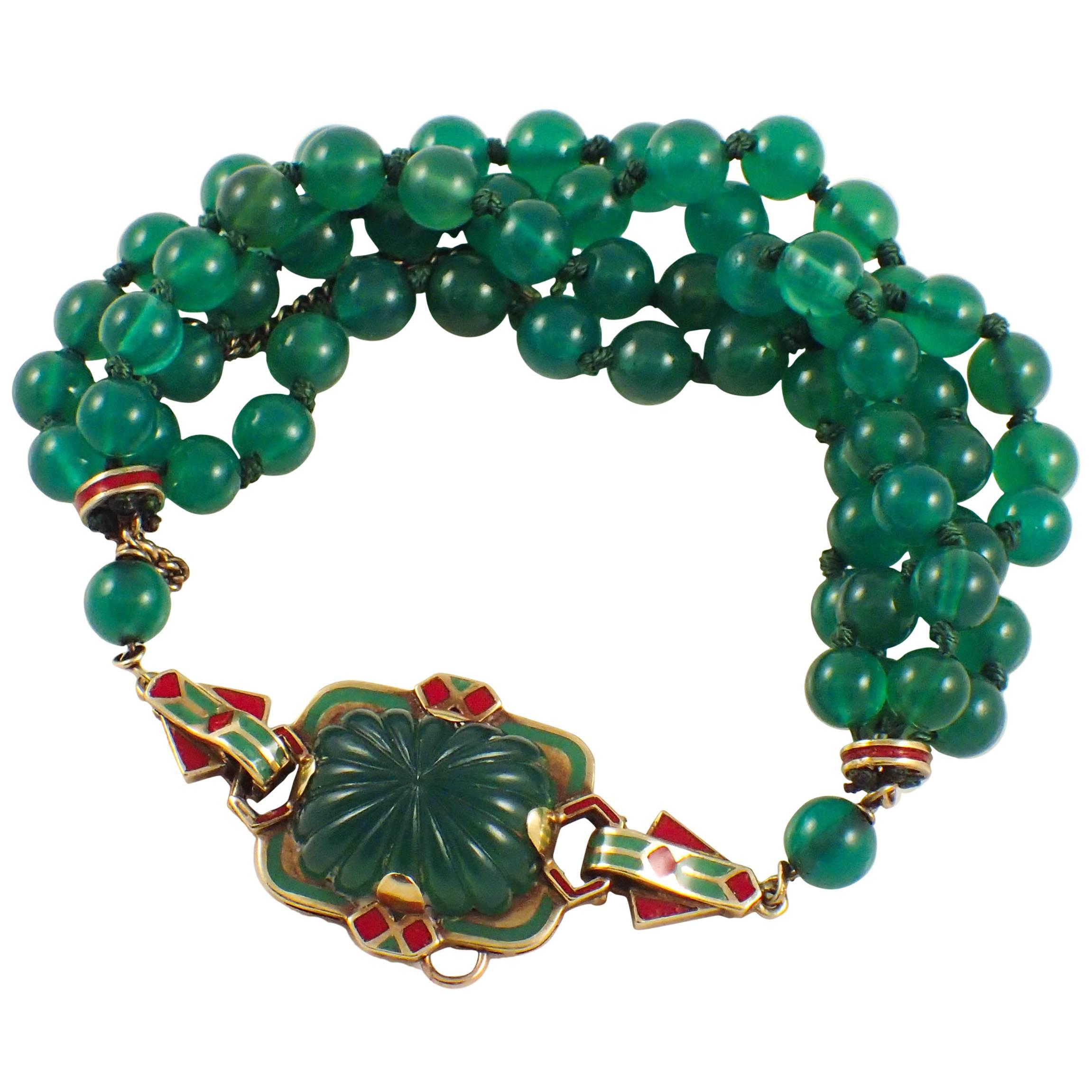 Art Deco Enamel Green Onyx Gold Bracelet 