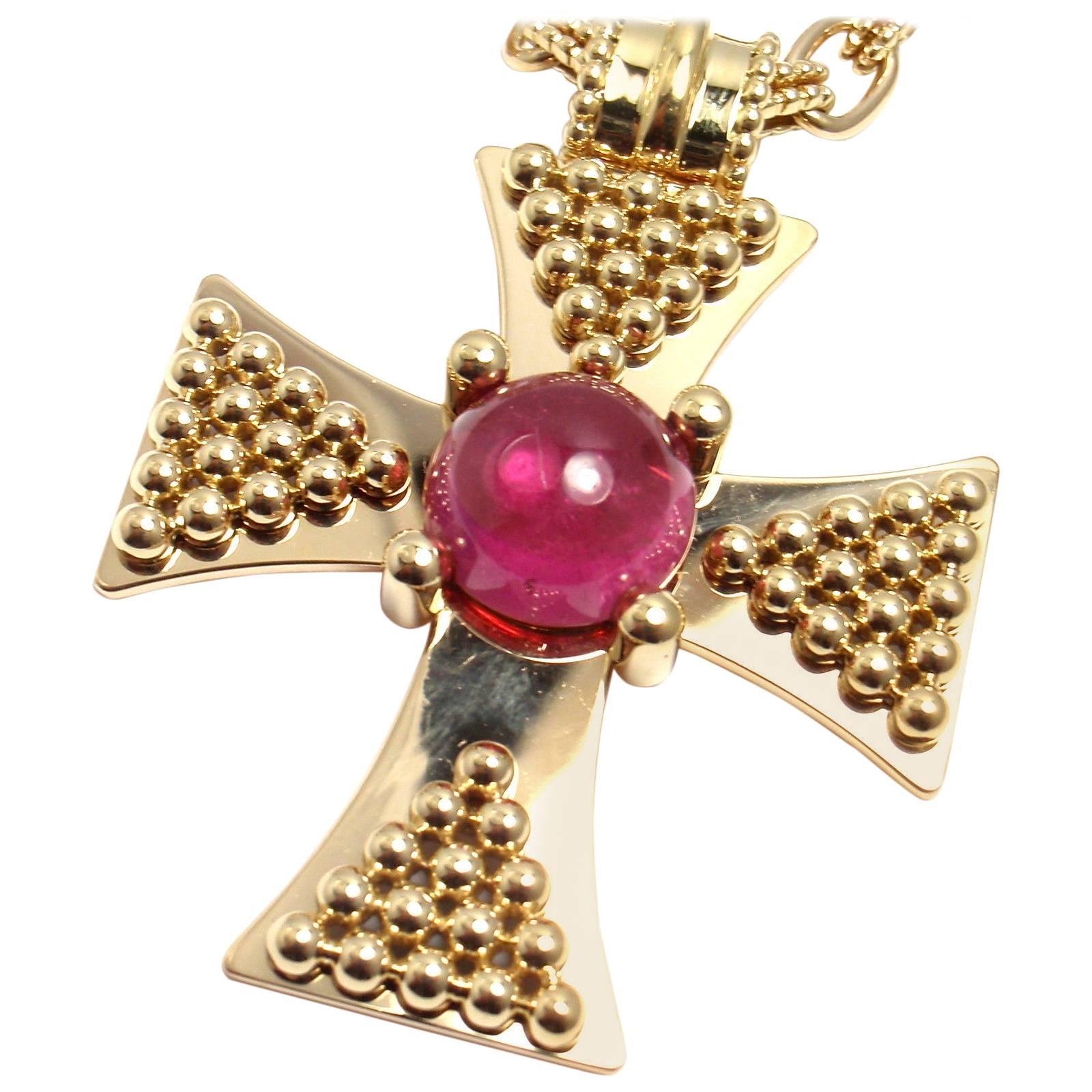 Chanel Pink Tourmaline Gold Maltese Cross Pendant Necklace