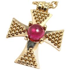 Chanel Pink Tourmaline Gold Maltese Cross Pendant Necklace 7