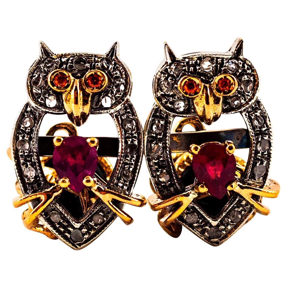 Art Nouveau Style 1.13 Carat White Diamond Ruby Onyx Yellow Gold "Owl" Cufflinks