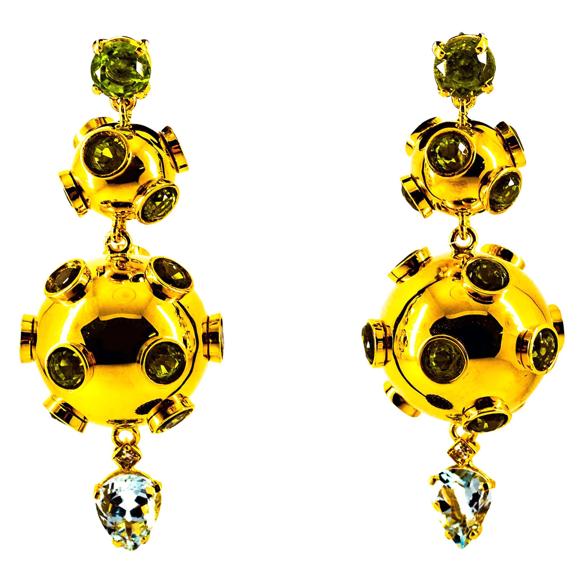 Art Deco Style 17.65 Carat White Diamond Aquamarine Peridot Yellow Gold Earrings