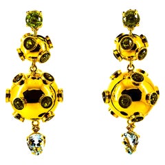 Art Deco Style 17.65 Carat White Diamond Aquamarine Peridot Yellow Gold Earrings