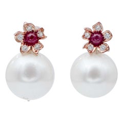 White Pearls, Rubies, Diamonds, Rose Gold Stud Earrings.