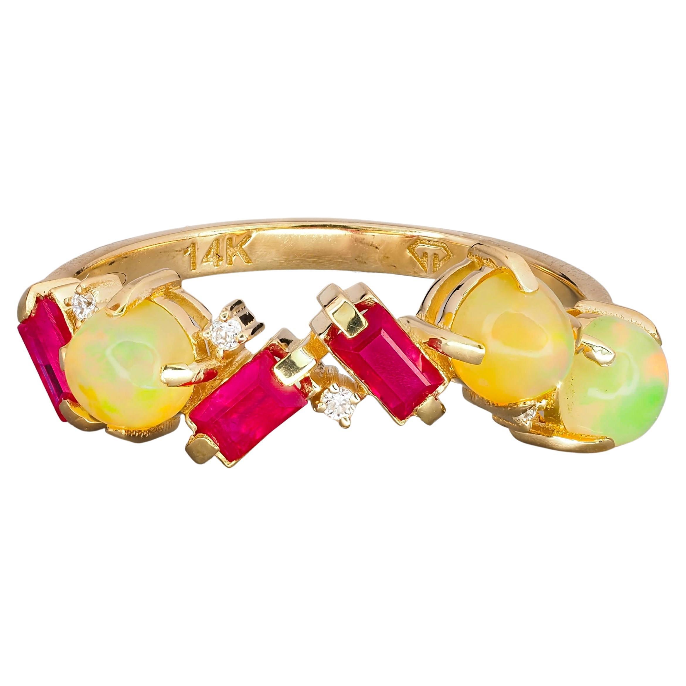 Anillo de Oro de 14k con Rubíes, Diamantes y Ópalos