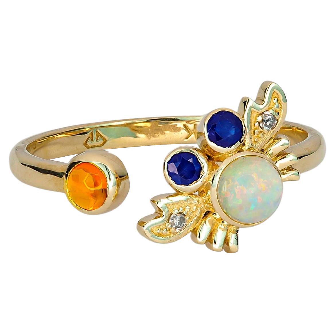 For Sale:  14k Funny Crab Gold Ring with Opal, Sapphires and Diamonds
