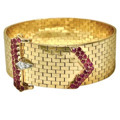 Iconic 14k Gold American Brick Link Buckle Bracelet with Rubies and Diamonds