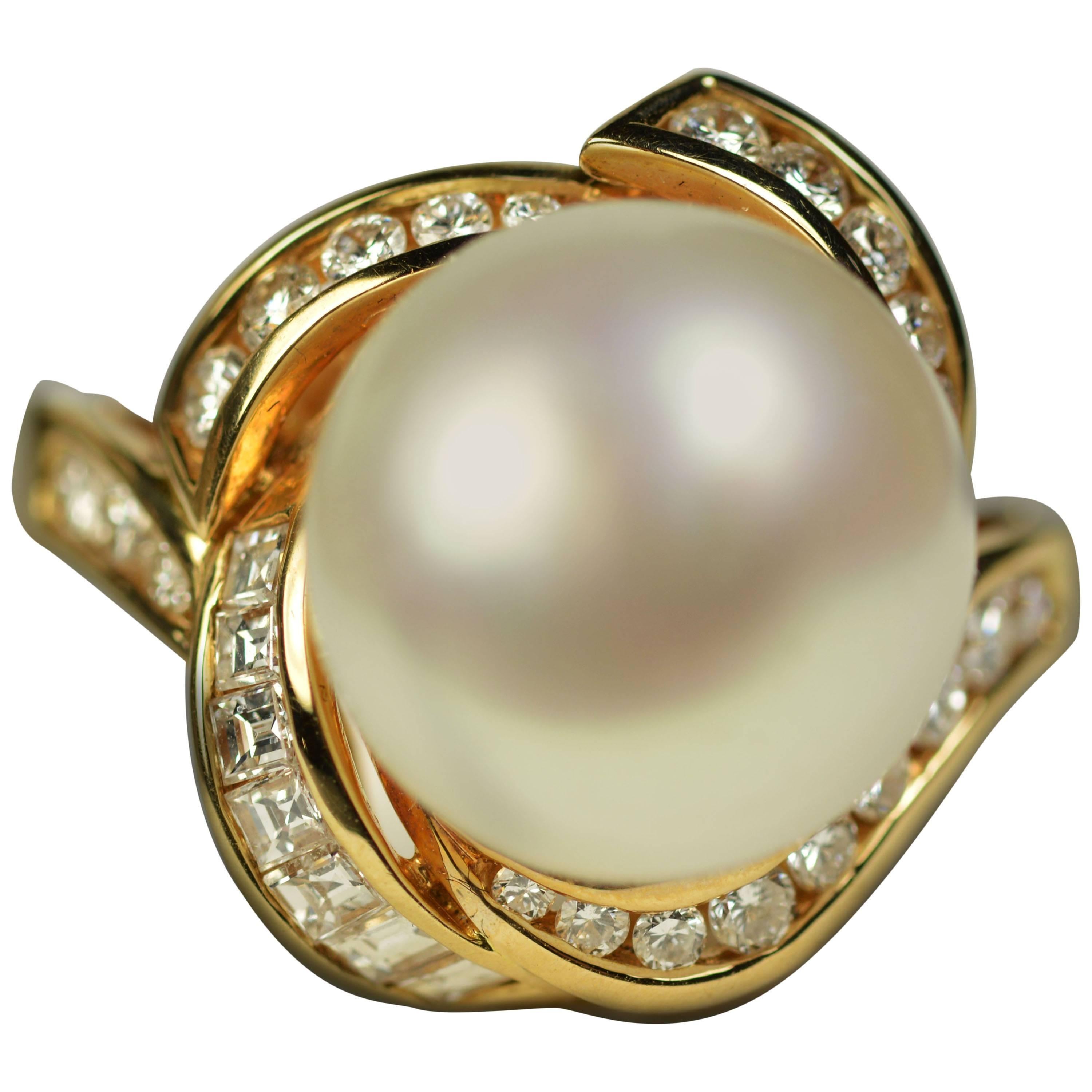 South Sea Pearl Diamond Gold Ring For Sale