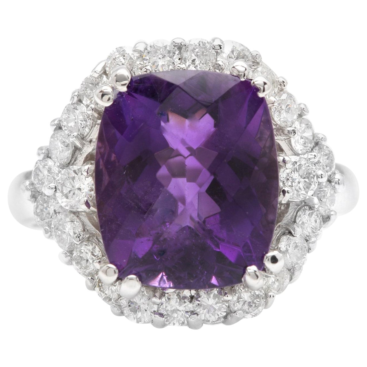 6.90 Carats Natural Amethyst and Diamond 14K Solid White Gold Ring For Sale
