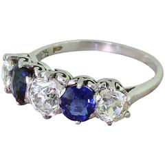 Art Deco 1.25 Carat Old Cut Diamond & Sapphire Platinum Five Stone Ring