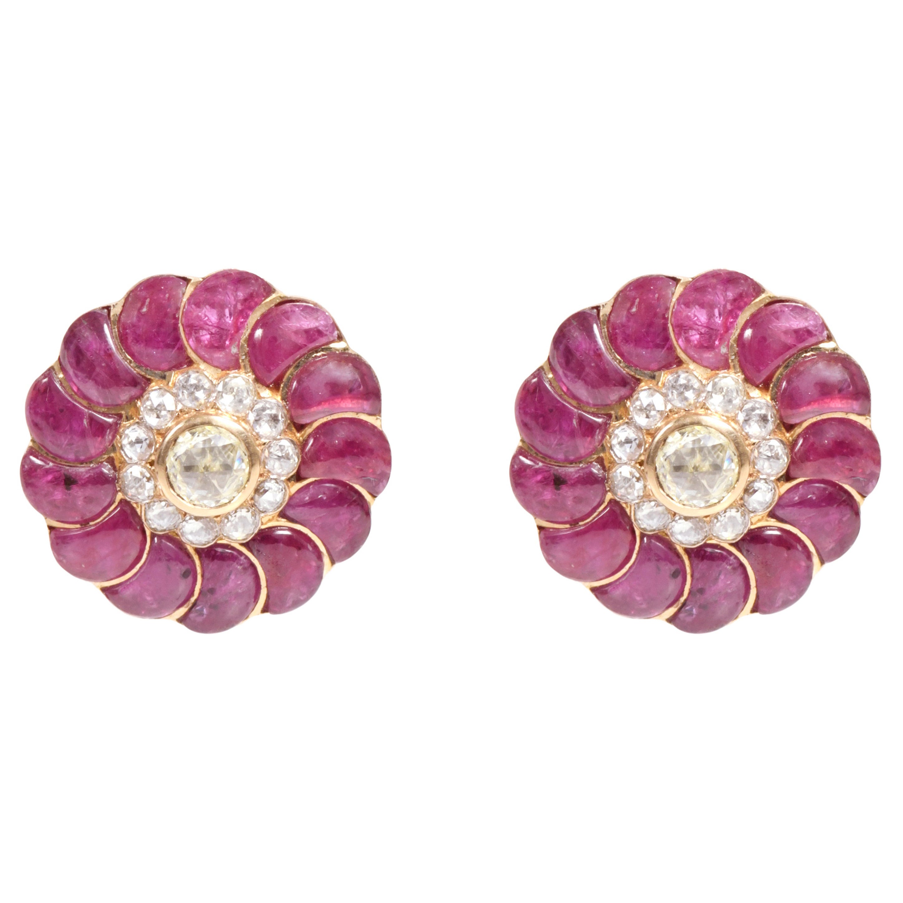 18 Karat Yellow Gold 13.73 Carat Ruby and Diamond Flower Stud Earrings For Sale