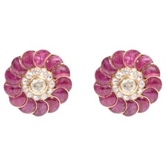 18 Karat Yellow Gold 13.73 Carat Ruby and Diamond Flower Stud Earrings