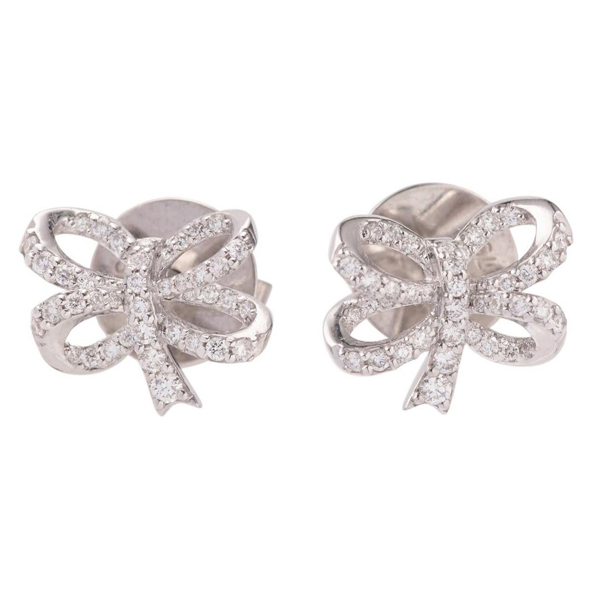 Diamond Ribbon Bow Stud Earrings Set in 18 Karat White Gold For Sale at