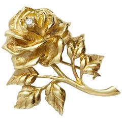 Tiffany & Co. 14k Yellow Gold Round Cut Diamond Rose Flower Brooch Pin w/ box