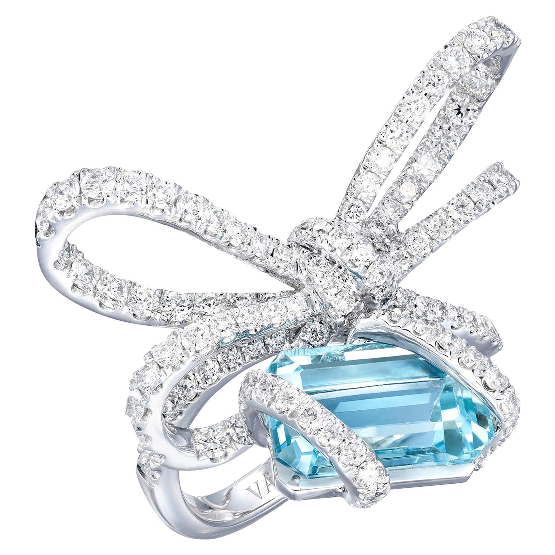 18 Karat White Gold, White Diamonds and Aquamarine Cocktail Ring