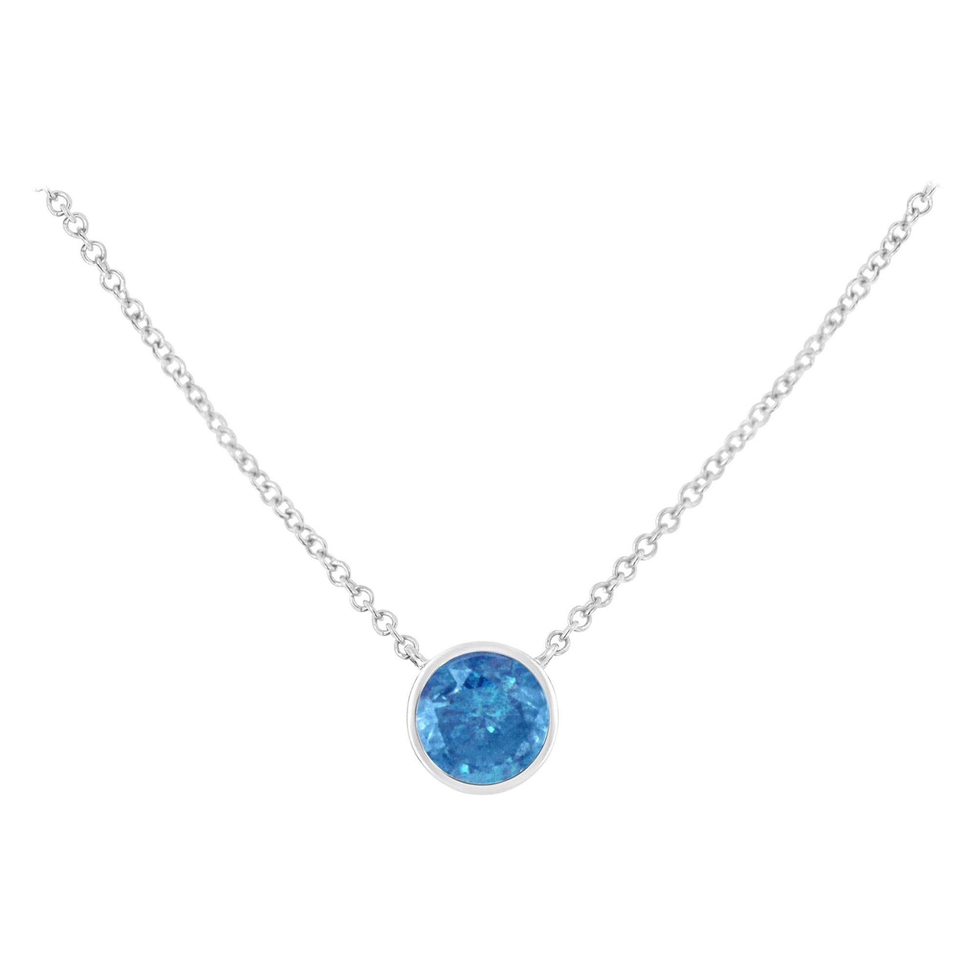 .925 Sterling Silver 1/10 Carat Blue Diamond Adjustable Pendant Necklace For Sale