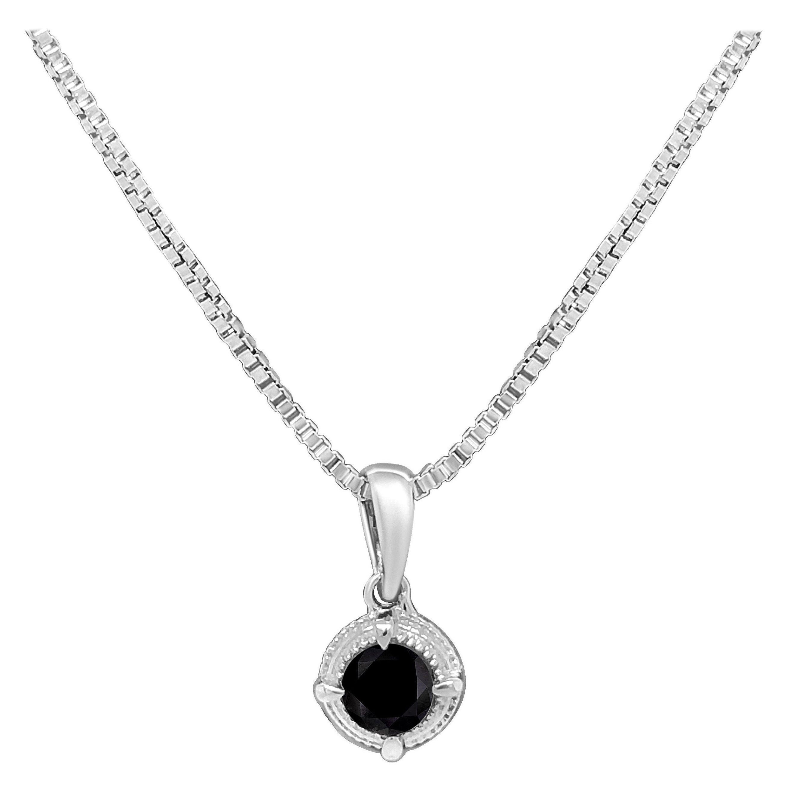 .925 Sterling Silver 1/10 Carat Treated Black Diamond Solitaire Pendant Necklace For Sale