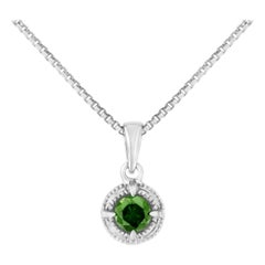 .925 Sterling Silver 1/10 Carat Treated Green Diamond Solitaire Pendant Necklace