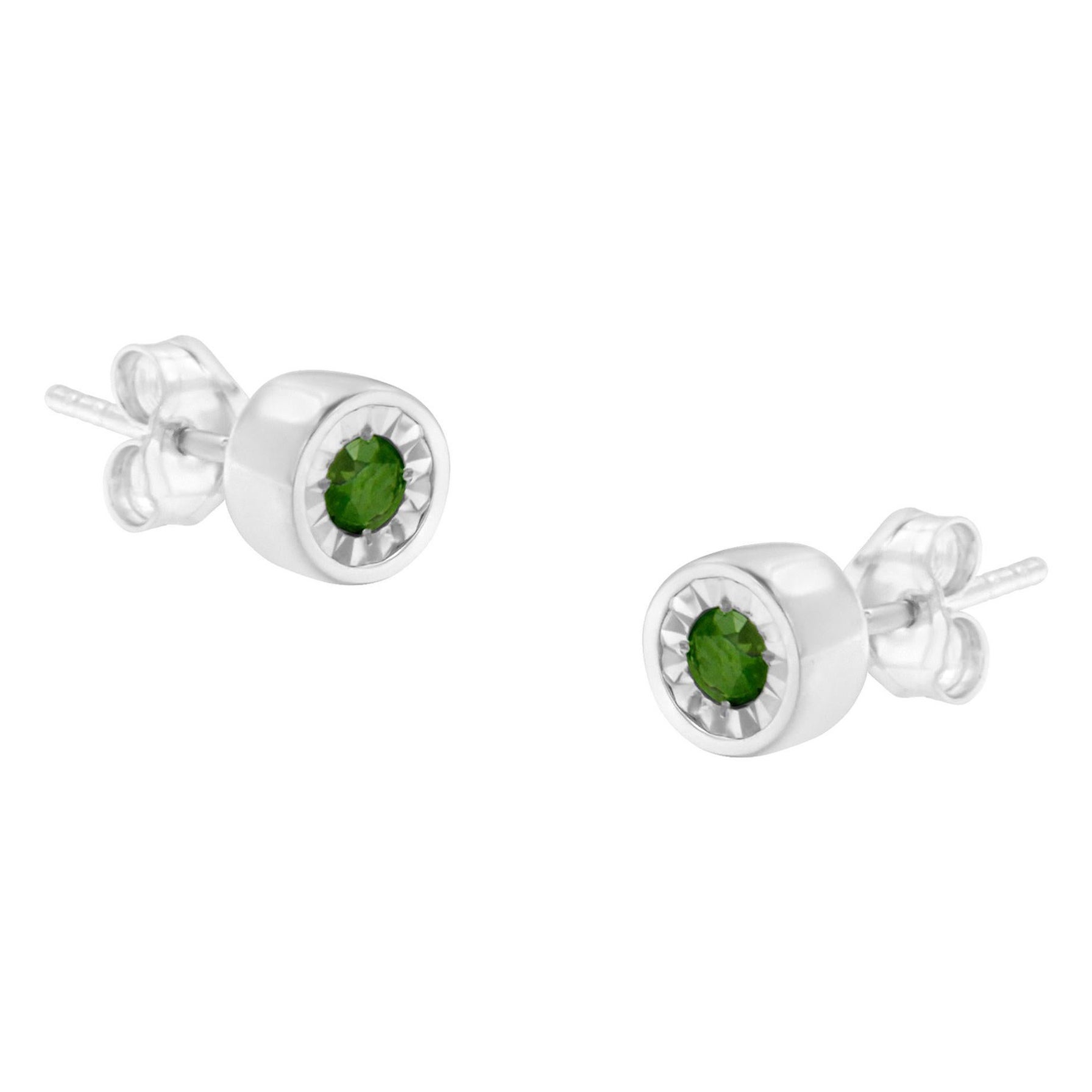 Sterling Silver 1/5 Carat Bezel Set Treated Green Diamond Petite Stud Earrings For Sale