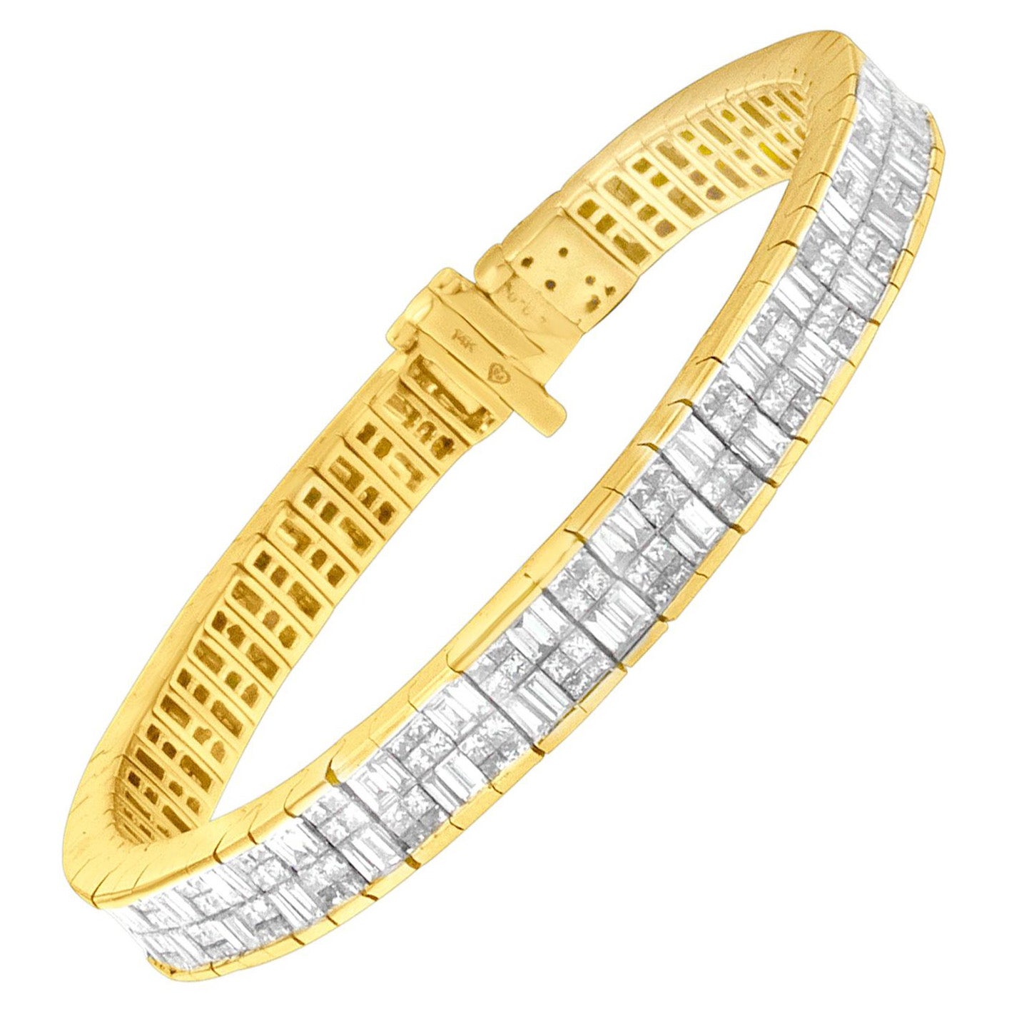 14K Yellow Gold 8 5/8 Carat Baguette and Princess Cut Diamond Eternity Bracelet For Sale