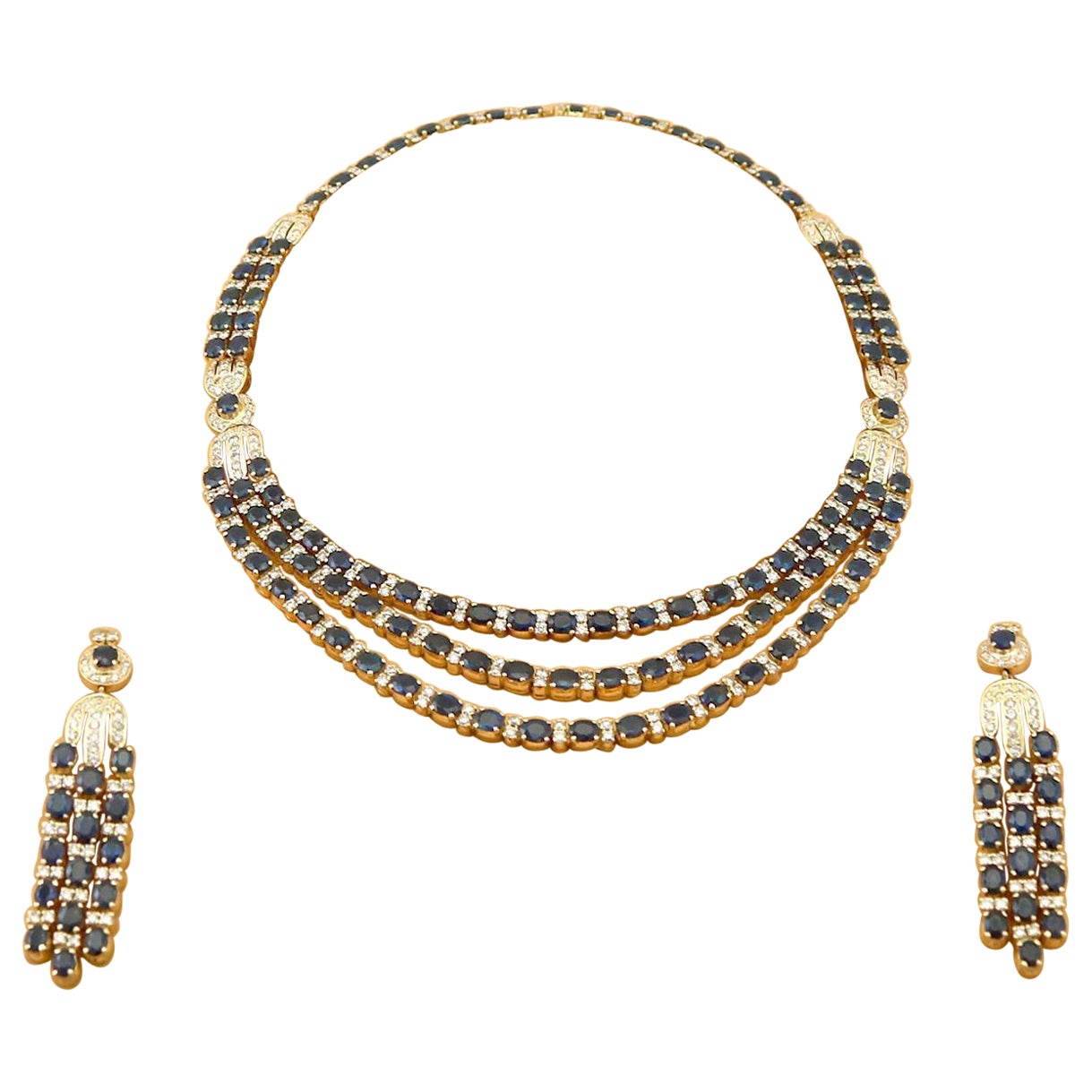 Vintage Sapphire and Diamond Yellow Gold Earring and Necklace Set Circa 1970