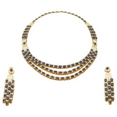 Vintage Saphir-Diamant-Ohrring und Halskette aus 18 Karat Gelbgold, um 1970