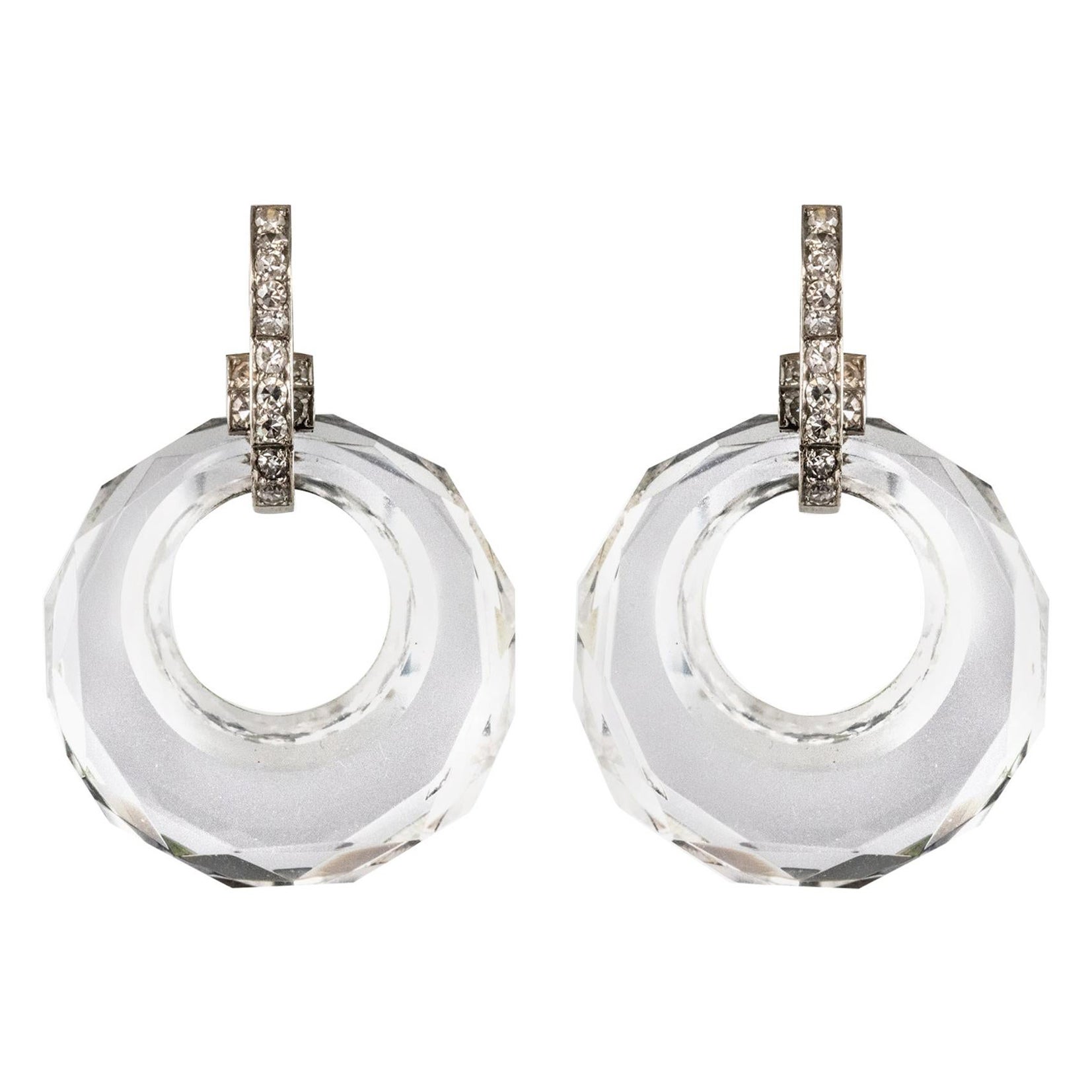 Pendants d'oreilles Art déco en or blanc 18 carats avec diamants et cristal de roche, années 1930