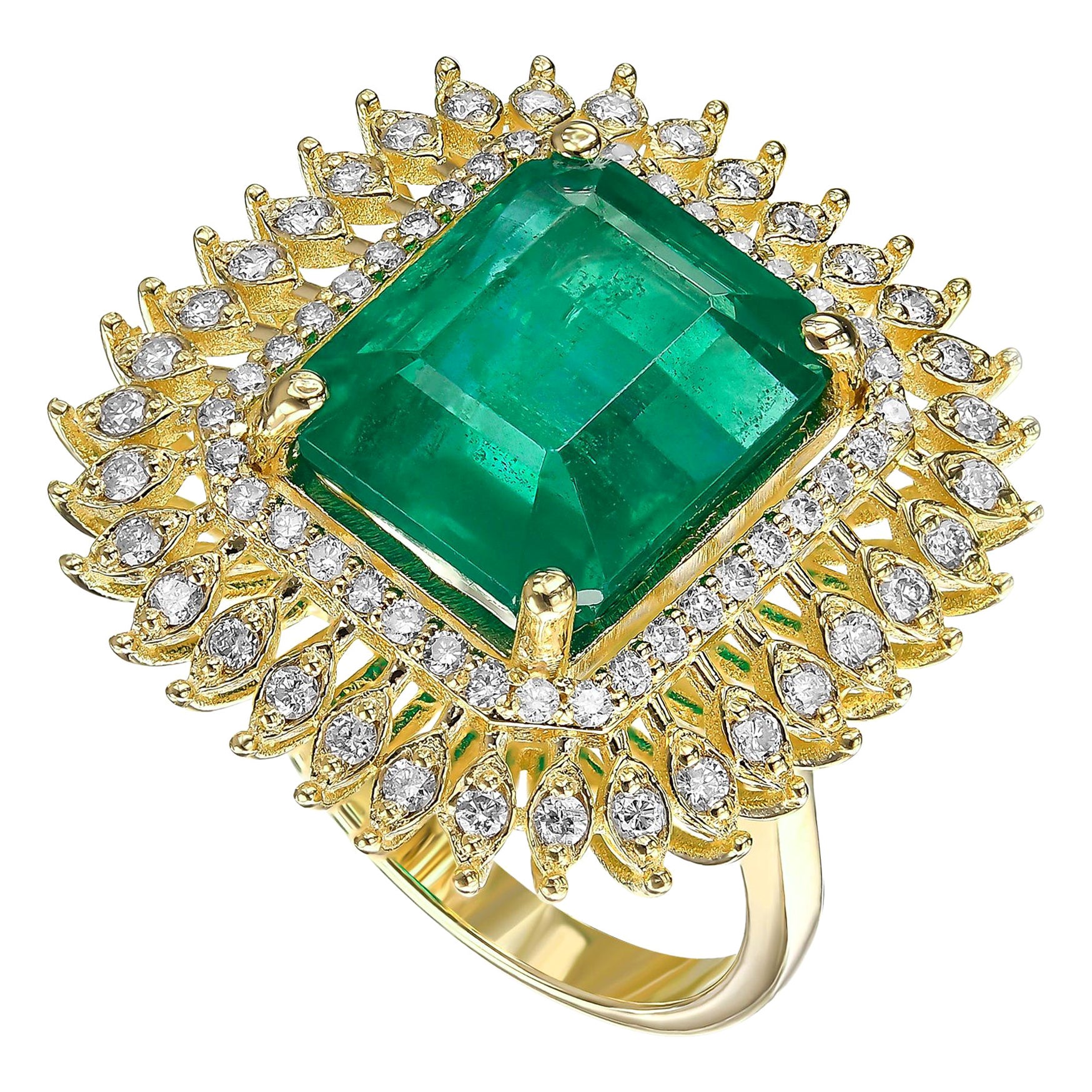 6.40 Carat Natural Emerald and 0.60 Ct Diamonds, 14 Kt.Yellow Gold, Ring