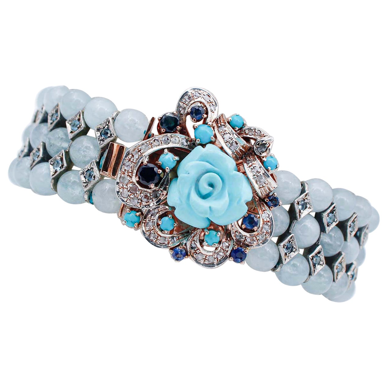 Aquamarine, Turquoise, Diamonds, Sapphires, 14 Kt Rose Gold and Silver Bracelet