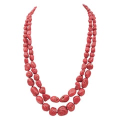 Vintage Red Coral, Diamonds, Rose Gold and Silver Multi-Strands Necklace