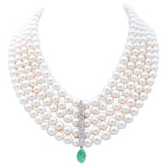 Diamonds, Emerald, Pearls, Platinum Necklace