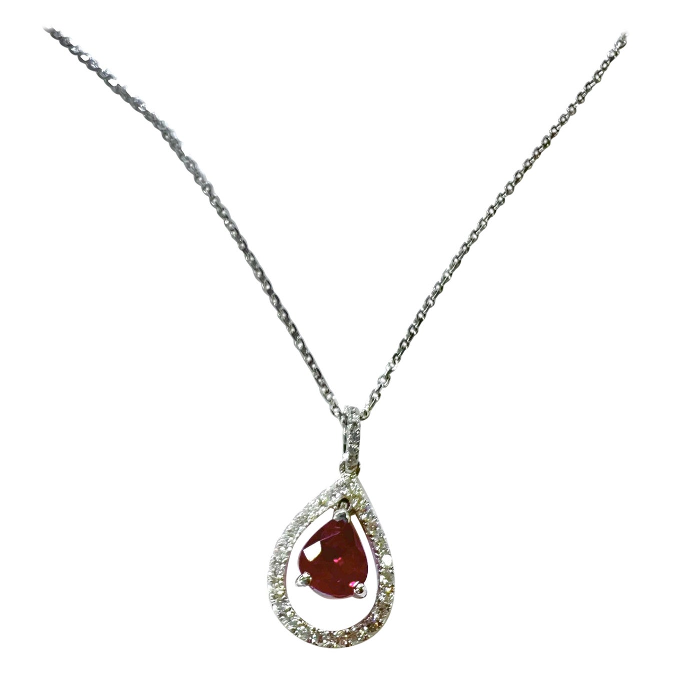 Ruby Halo Pear Diamond Necklace For Sale