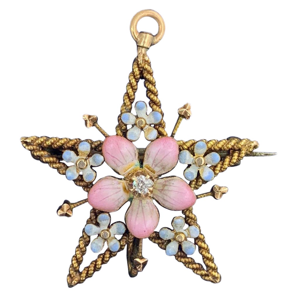 Art Nouveau Pensamiento Flor de Olvido OMC Diamante Esmalte Colgante Oro 14K