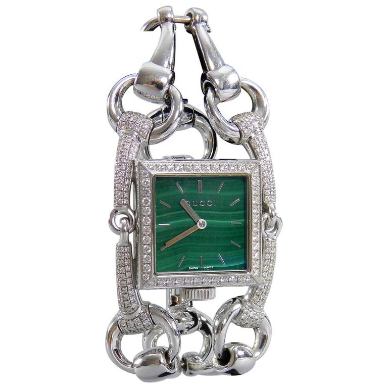 Gucci Ladies White Gold Diamond Malachite Signoria Wristwatch Ref YA116306  at 1stDibs