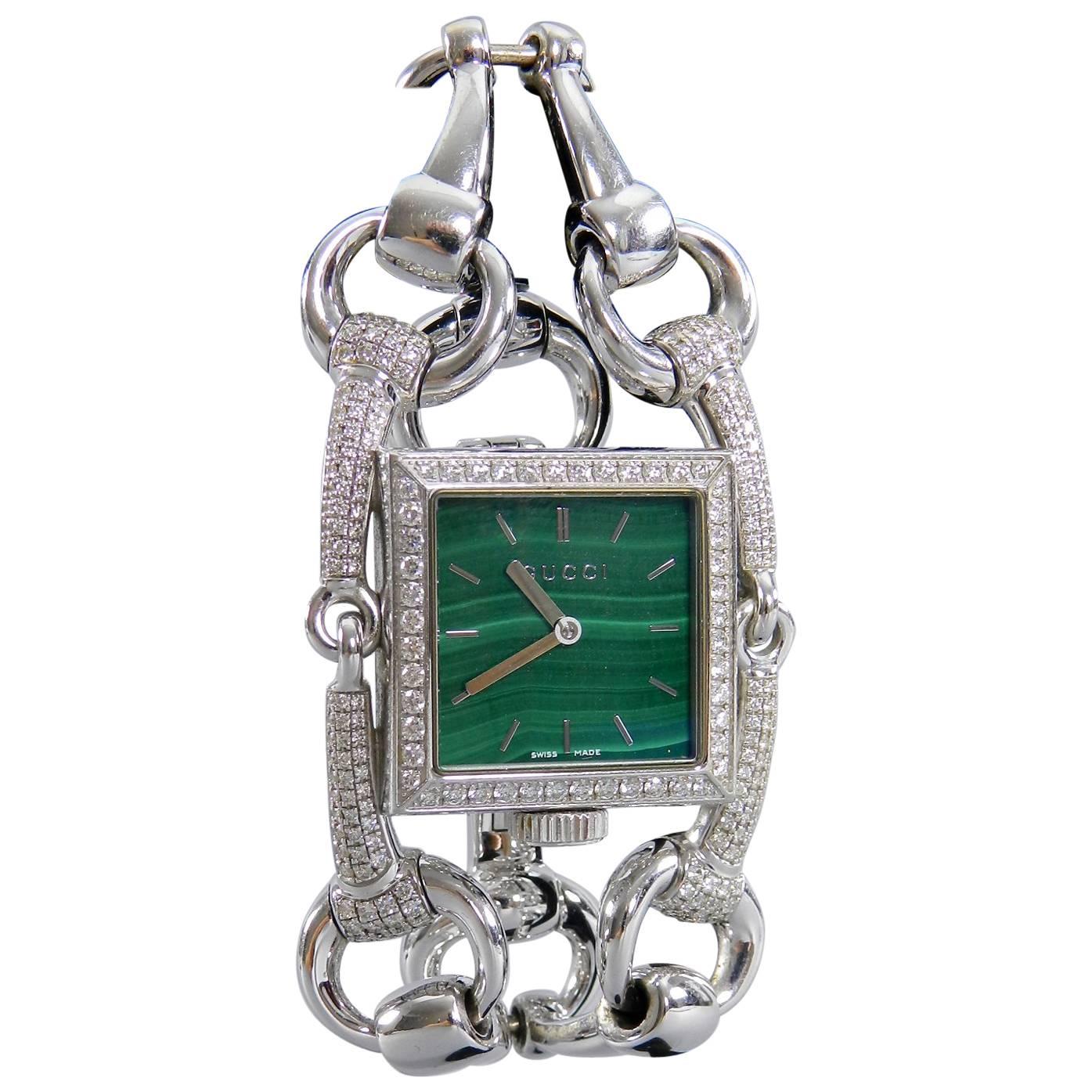 Gucci Ladies White Gold Diamond Malachite Signoria Wristwatch Ref YA116306