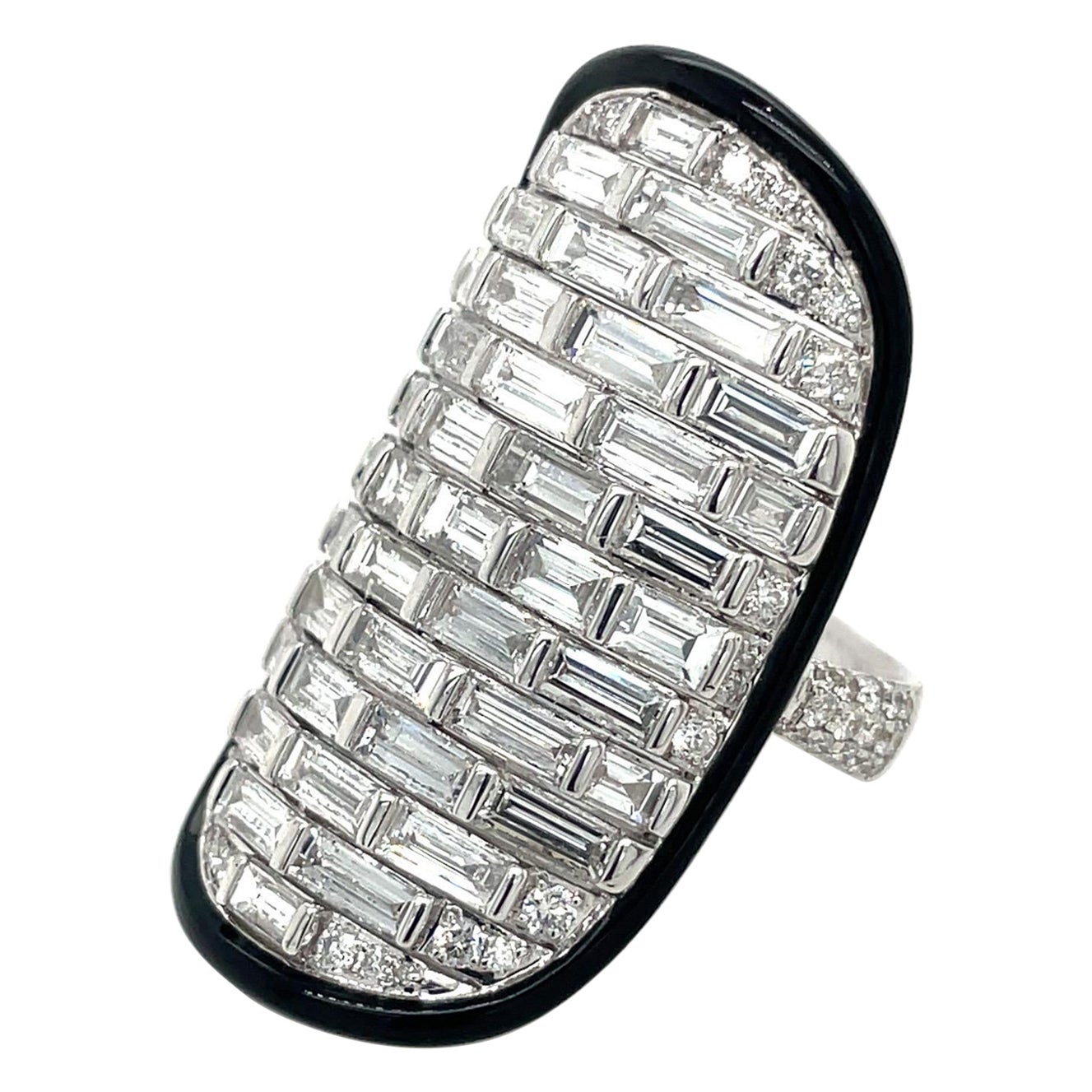 Sutra 18 Kt White Gold Art Deco Ring with 4.68ct. Baguette & Round Diamonds For Sale