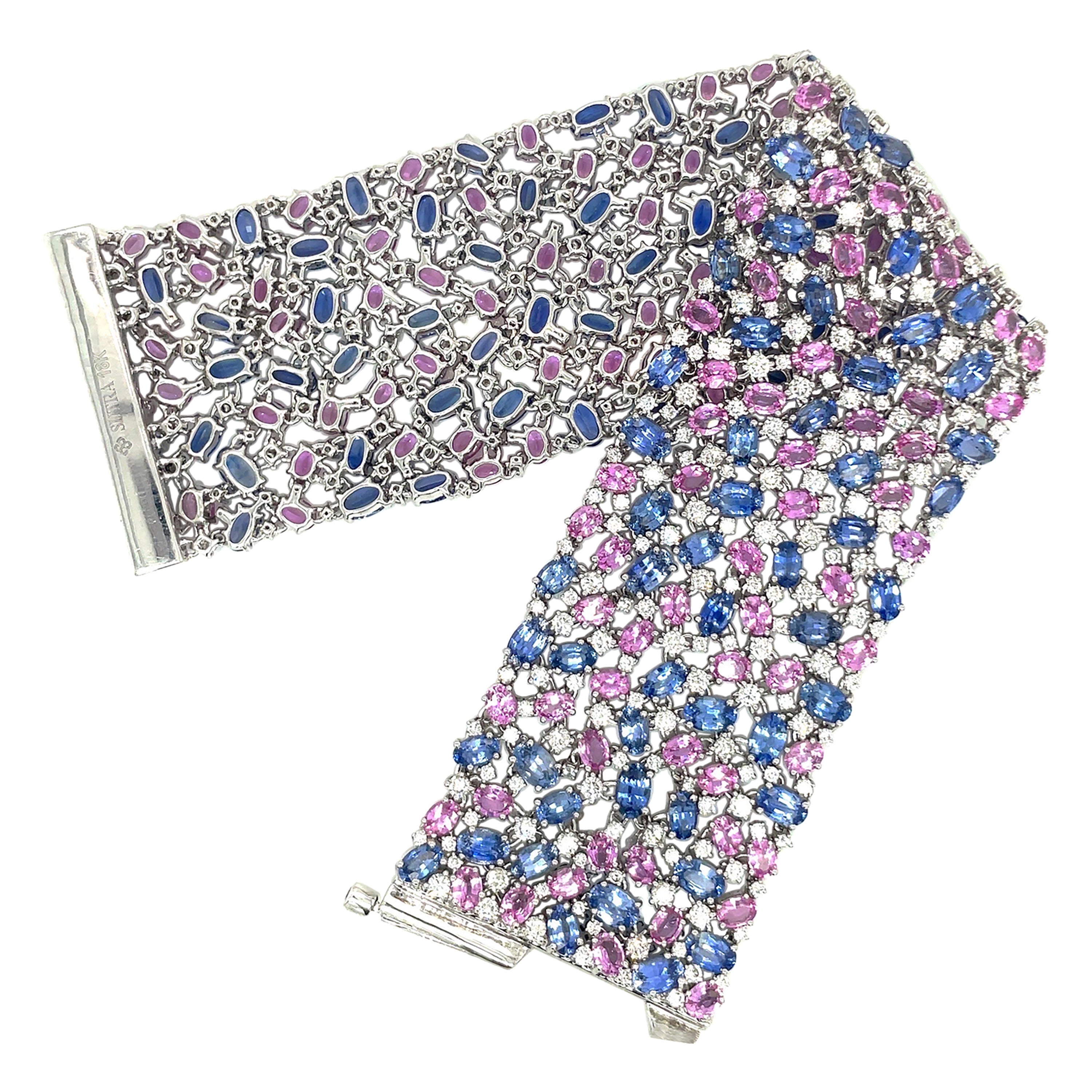 Sutra 18KT WG Mesh Bracelet 33.54Ct Blue Saph 21.80Ct Pink Saph 8.68Ct Diamond For Sale