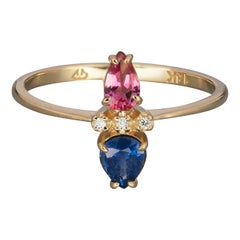 14k Gold Ring in Art Deco Style with Central Sapphire, Tourmaline and Diamonds