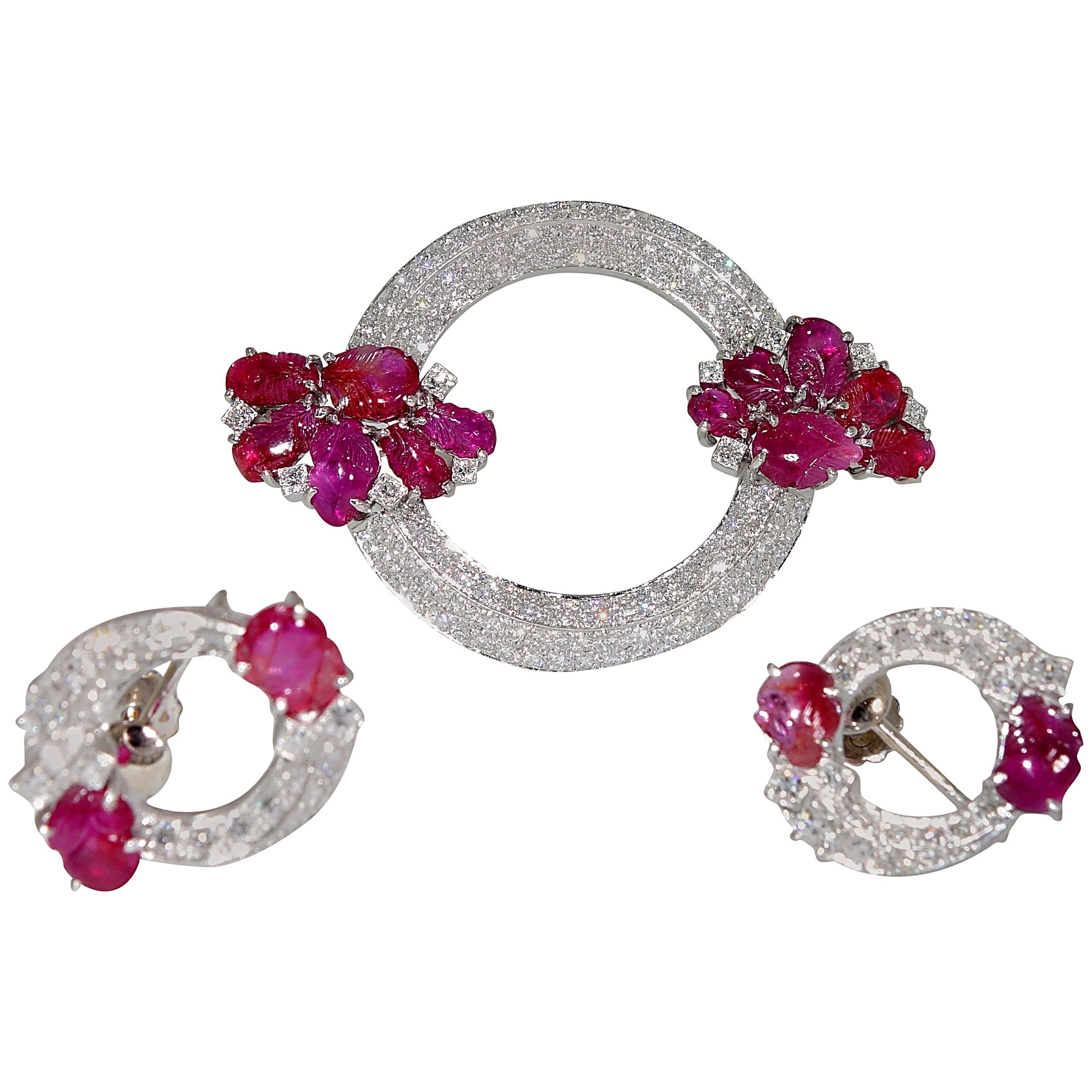 1930s Art Deco Burma Ruby Diamond Gold Brooch and Earrings