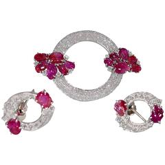 1930s Art Deco Burma Ruby Diamond Gold Brooch and Earrings 11