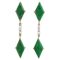 Vintage 18ct Gold Carved Lozenge Jade and Diamond Drop Earrings, Circa 1970
