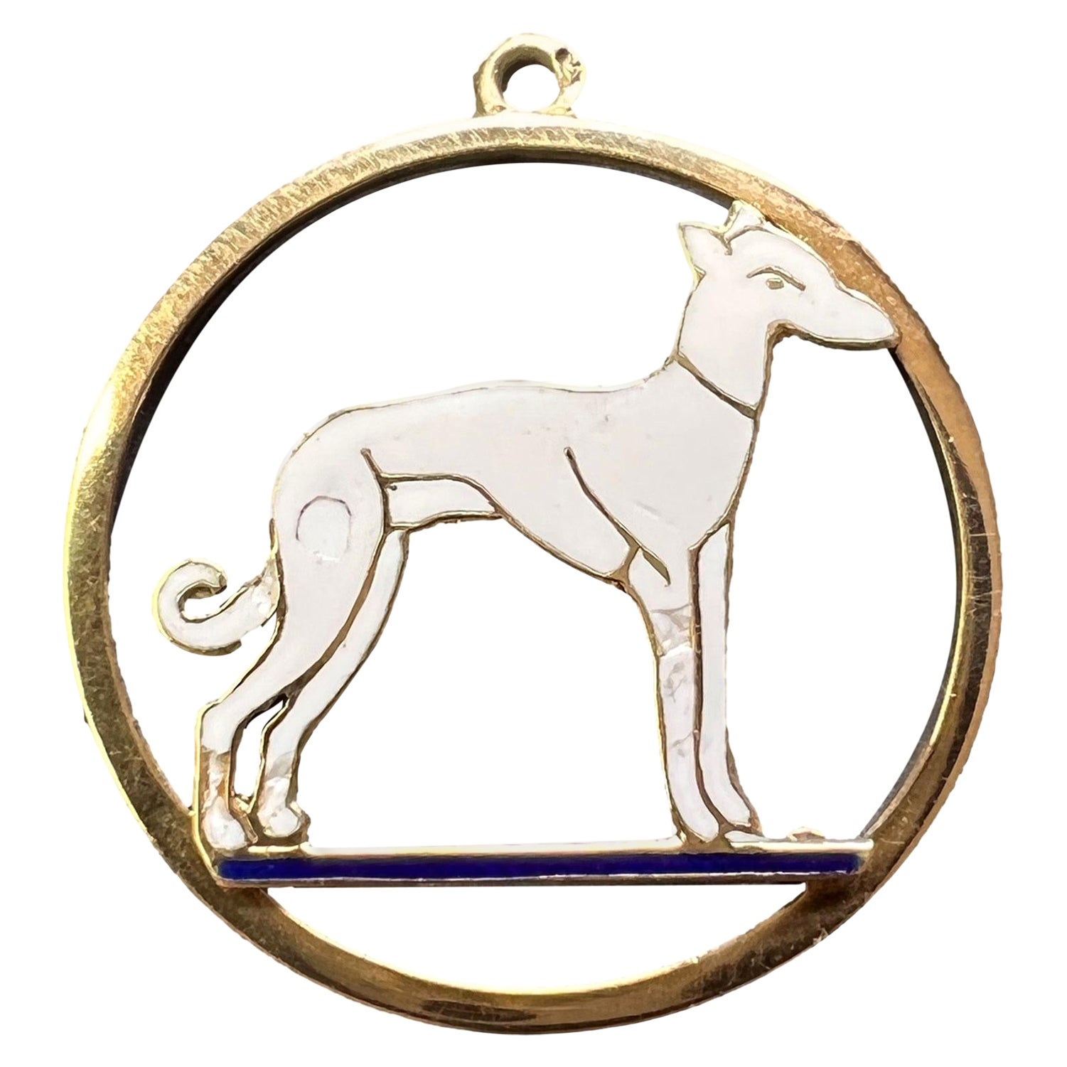 Pendentif breloque "Whippet Dog" français en or jaune 18 carats et émail