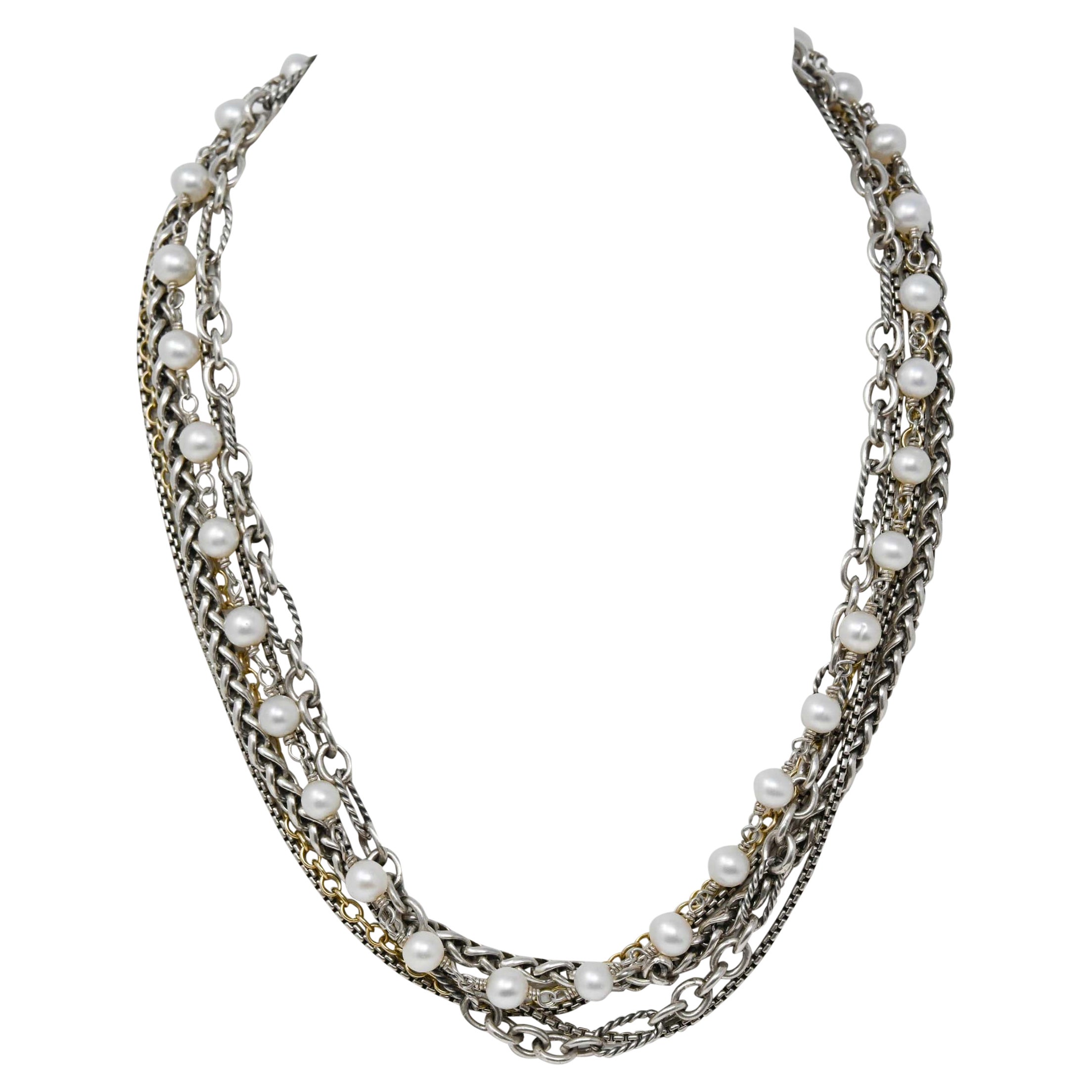David Yurman 925 Silver & 18k Gold Pearl Multi-Strand Necklace For Sale