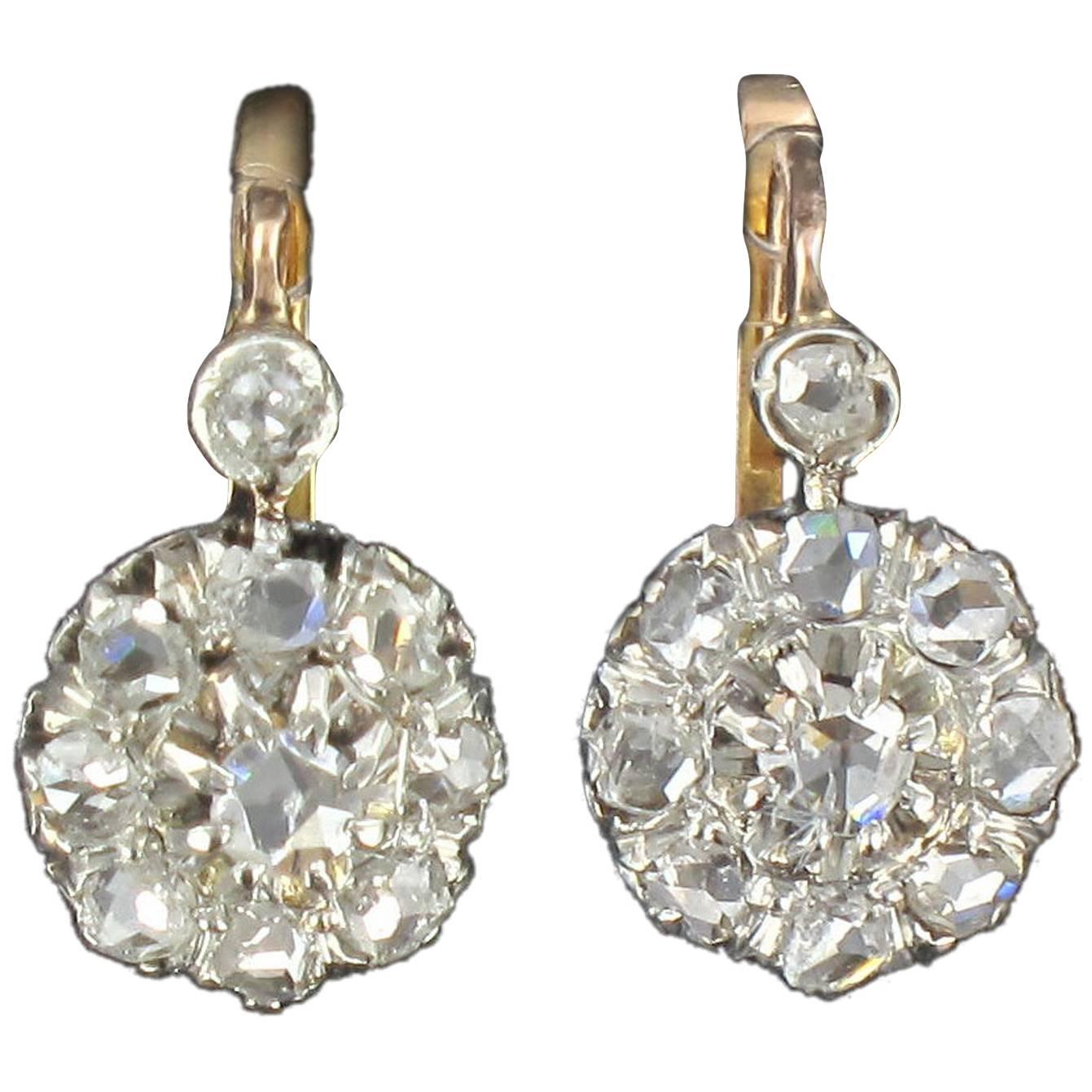 French Antique Diamond and Rose Gold Sleeper Earrings