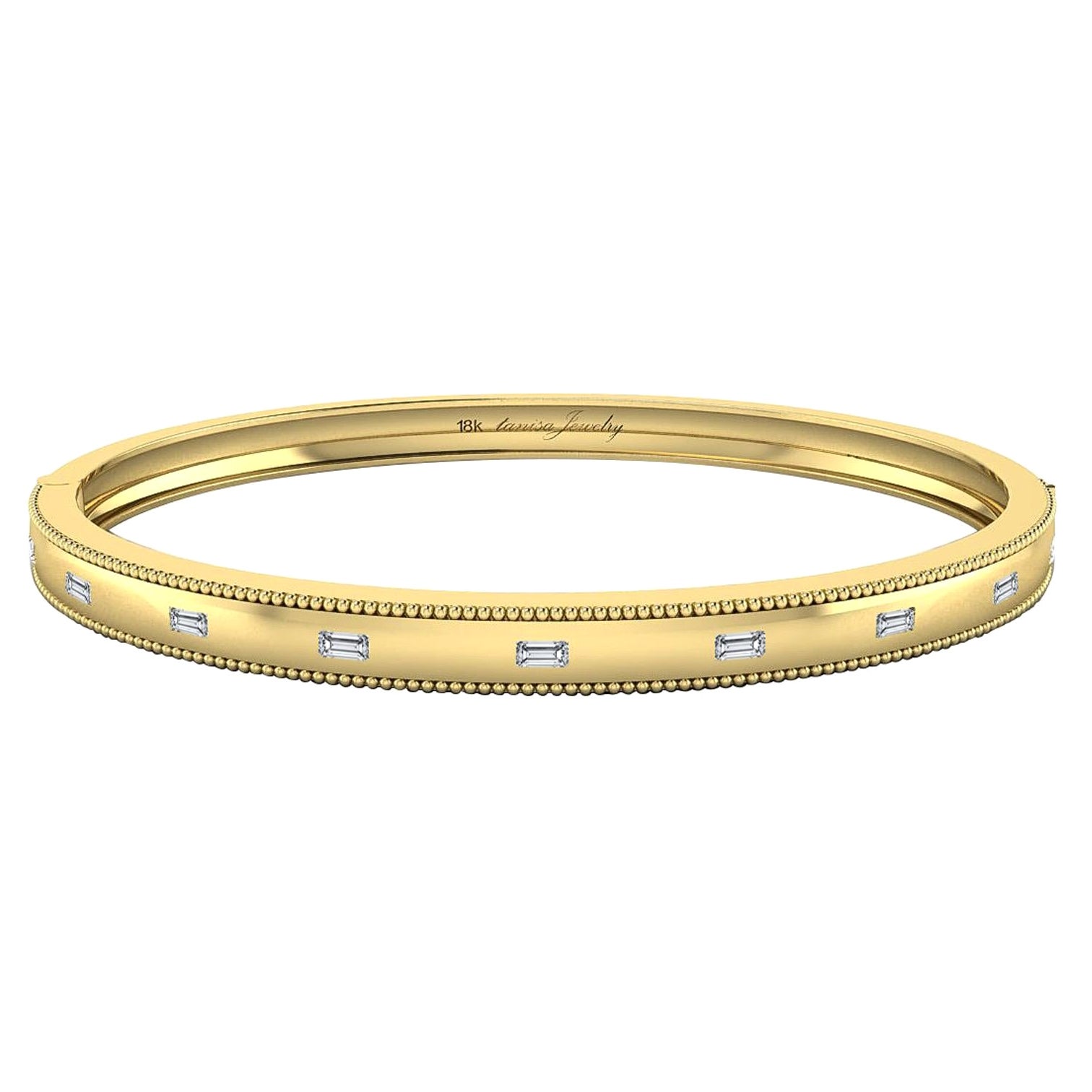 Diamond Baguette Inlay Bangle in 18 Karat Yellow Gold For Sale