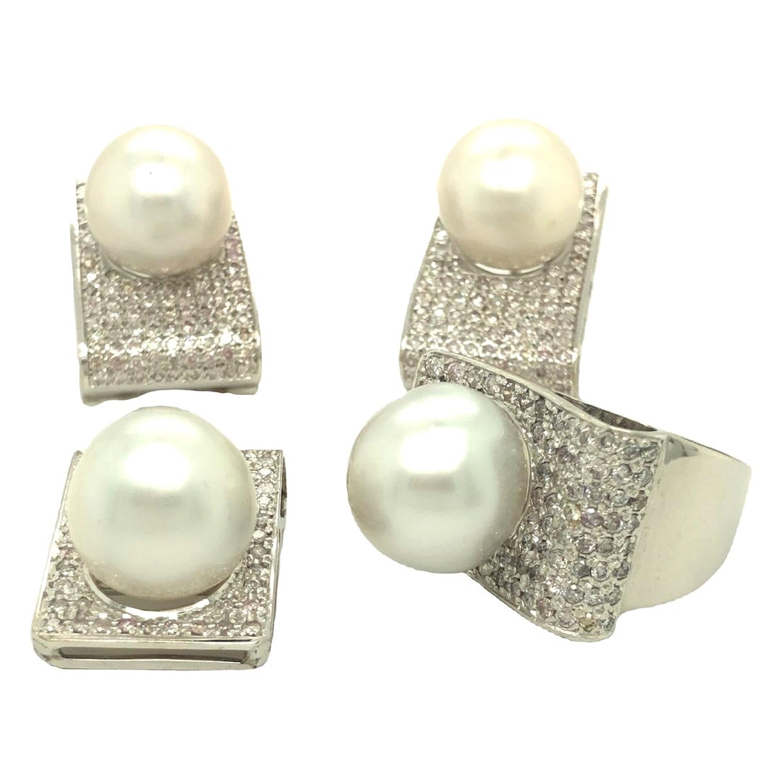 South Sea Pearl and Diamond Ring, Earrings and Pendant Set For Sale