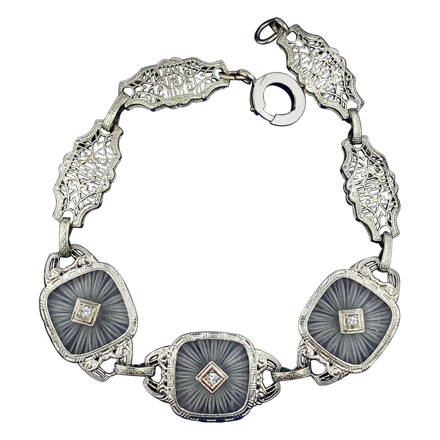 Art Deco Diamond Bracelet Frosted Rock Crystal 14 Karat White Gold Filigree For Sale