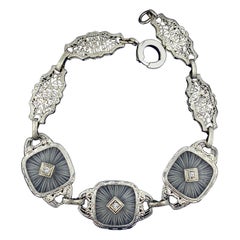 Antique Art Deco Diamond Bracelet Frosted Rock Crystal 14 Karat White Gold Filigree